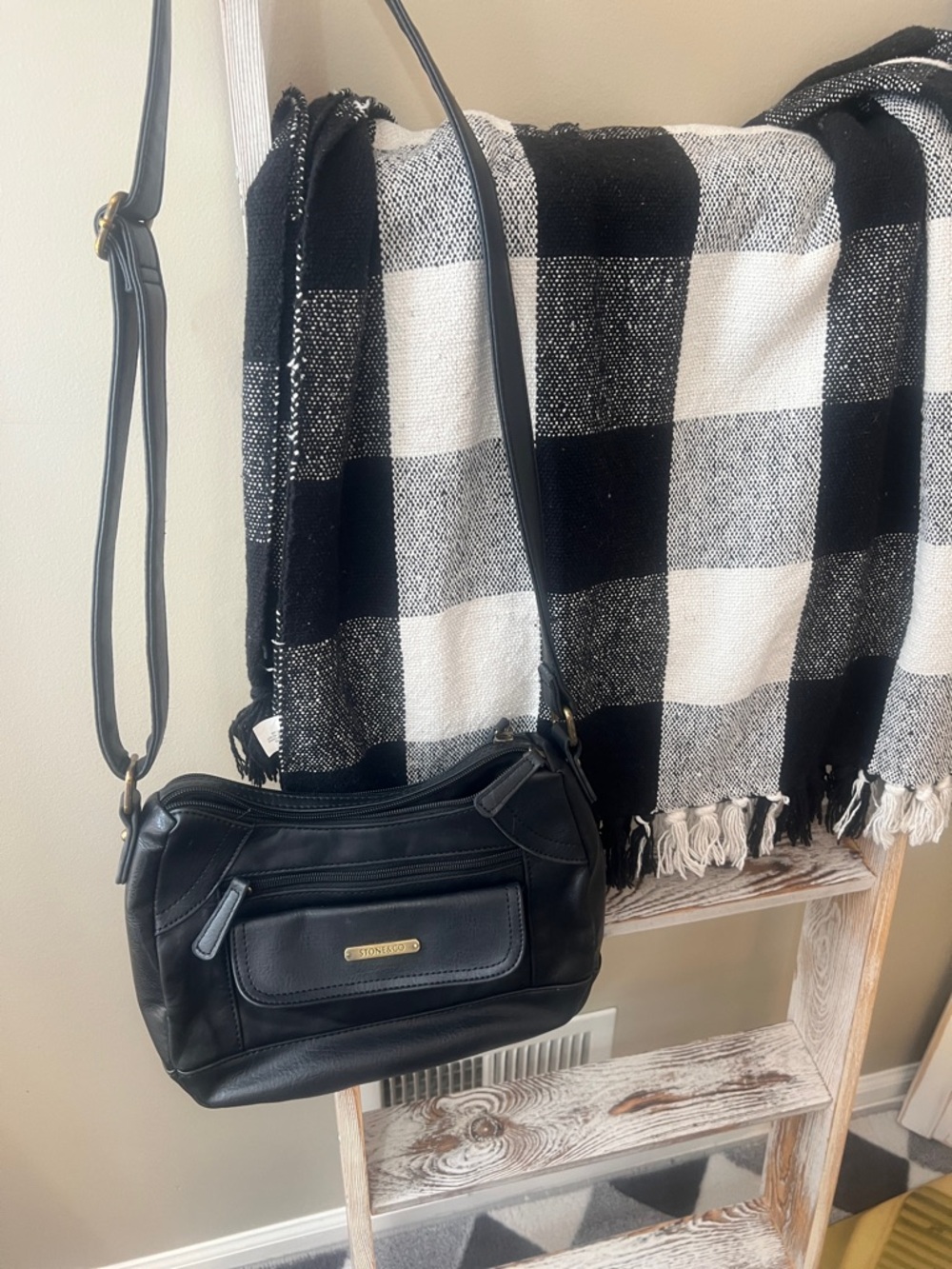 Stone & Co Black Leather Crossbody shoulder bag  with Gold-Tone Plaque